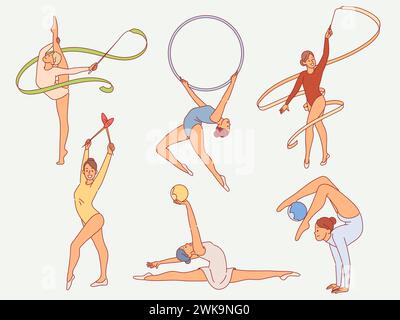 Flexible rhythmische Turner. Schlanke Mädchen in Badeanzügen mit Bälle, Bändern und Basketball, Vorbereitung auf Sportwettkämpfe. Sportliche Leistung, Zeichentrick Stock Vektor