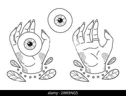 Mystische Hexenhand hält das Auge umgeben von Pflanzen. Handgezeichnetes magisches Doodle-Element für spirituelles Design. Vektorillustration isoliert auf weißer Rückseite Stock Vektor