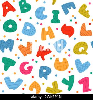 Niedliches nahtloses Schriftmuster für Kinder. Abgerundete farbige Buchstaben mit Punkten und Linien, wiederholtes lustiges Alphabet, englischer abc-Druck, Textil für Kinderzimmer Stock Vektor