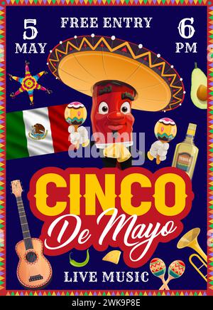 Cinco de Mayo mexikanischer Feiertagsflyer für fiesta mit Chili-Pfeffer in Sombrero, Vektorplakat. Mexikanische Flagge, Tequila und Avocado beim Live-Musikfest zum Cinco de Mayo-Urlaub und Musikkarneval Stock Vektor