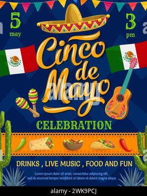 Cinco de Mayo mexikanischer Urlaubsflyer mit Sombrero, Gitarre und Mexiko-Flaggen, Vektorplakat. Fiesta-Feier und mexikanische Nationalfeier mit Tex Mex Food Burrito, Taco und Chili-Paprika Stock Vektor