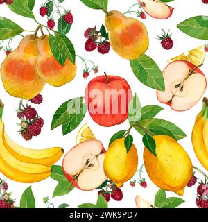 Nahtloses Aquarellmuster. Reife Früchte und Beeren: Äpfel, Bananen, Himbeeren, Birnen, Zitronen, Obstscheiben, handbemalt in Aquarellen. Für prin Stockfoto