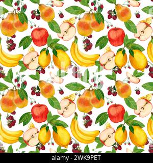Nahtloses Aquarellmuster. Reife Früchte und Beeren: Äpfel, Bananen, Himbeeren, Birnen, Zitronen, Obstscheiben, handbemalt in Aquarellen. Für prin Stockfoto