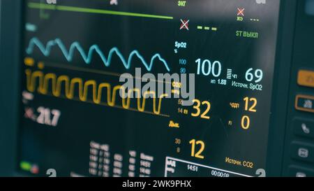 Medizinische Geräte im Krankenhaus moderner Herzfrequenzmonitor im OP zur Überwachung der Vitalparameter des Patienten Anästhesiesysteme auf dem Bildschirm Stockfoto