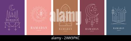 Ramadan Kareem Grußkarten, Koranbuch und muslimische Moschee, Vektormond mit Sternen und arabischen Laternen. Islam religiöser Feiertag Ramadan Kareem Banner in Übereinstimmung mit Kunst und muslimischen Symbolen Stock Vektor
