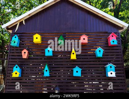 Farbenfrohe kreative Holznistkästen Vogelhaus an einer Wand im Hinterhof gehängt. Stockfoto