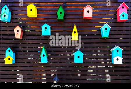 Farbenfrohe kreative Holznistkästen Vogelhaus an einer Wand im Hinterhof gehängt. Stockfoto
