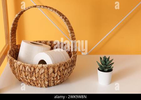 Korb mit Toilettenpapierrollen und Zimmerpflanzen auf weißem Regal im Badezimmer, Großansicht Stockfoto