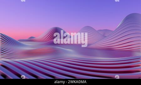 Dieses fesselnde Bild zeigt eine Retro-Wellenlandschaft, die von leuchtenden roten und blauen Lichtern beleuchtet wird und eine nostalgische, aber futuristische Atmosphäre hervorruft. Stockfoto