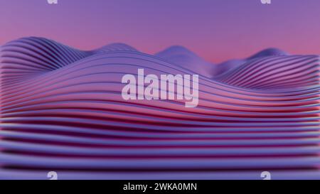 Dieses fesselnde Bild zeigt eine Retro-Wellenlandschaft, die von leuchtenden roten und blauen Lichtern beleuchtet wird und eine nostalgische, aber futuristische Atmosphäre hervorruft. Stockfoto
