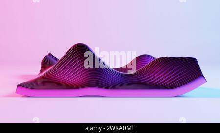 Dieses fesselnde Bild zeigt eine Retro-Wellenlandschaft, die von leuchtenden roten und blauen Lichtern beleuchtet wird und eine nostalgische, aber futuristische Atmosphäre hervorruft. Stockfoto