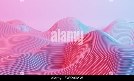Dieses fesselnde Bild zeigt eine Retro-Wellenlandschaft, die von leuchtenden roten und blauen Lichtern beleuchtet wird und eine nostalgische, aber futuristische Atmosphäre hervorruft. Stockfoto
