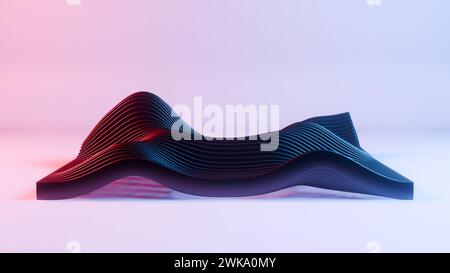 Dieses fesselnde Bild zeigt eine Retro-Wellenlandschaft, die von leuchtenden roten und blauen Lichtern beleuchtet wird und eine nostalgische, aber futuristische Atmosphäre hervorruft. Stockfoto
