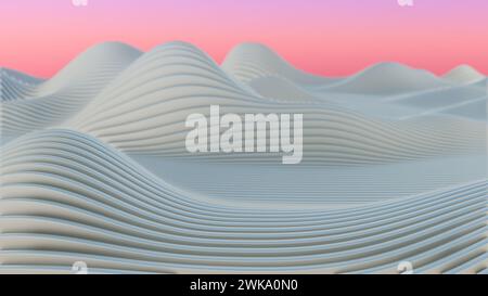 Dieses fesselnde Bild zeigt eine Retro-Wellenlandschaft, die von leuchtenden roten und blauen Lichtern beleuchtet wird und eine nostalgische, aber futuristische Atmosphäre hervorruft. Stockfoto