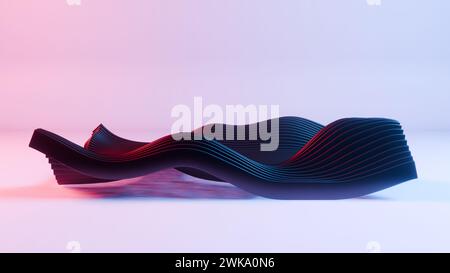 Dieses fesselnde Bild zeigt eine Retro-Wellenlandschaft, die von leuchtenden roten und blauen Lichtern beleuchtet wird und eine nostalgische, aber futuristische Atmosphäre hervorruft. Stockfoto