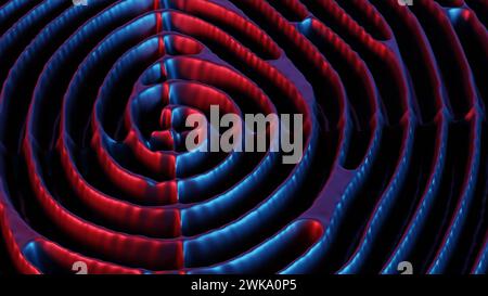 Dieses fesselnde Bild zeigt eine Retro-Wellenlandschaft, die von leuchtenden roten und blauen Lichtern beleuchtet wird und eine nostalgische, aber futuristische Atmosphäre hervorruft. Stockfoto