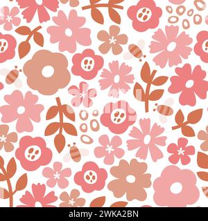 Nahtloses skandinavisches Blumenmuster mit romantischen Rosa-Tönen. Blumen isoliert auf weißem Hintergrund. Niedliche Vektor-Illustration. Stock Vektor
