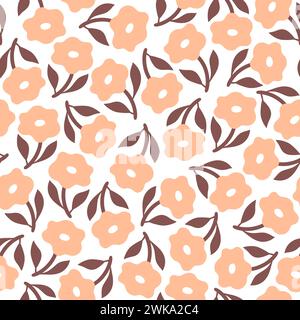 Blumenmuster im skandinavischen Stil. Niedliche Blumen mit warmem Pfirsichton isoliert auf weißem Hintergrund. Nahtloses Muster. Vektorabbildung. Stock Vektor