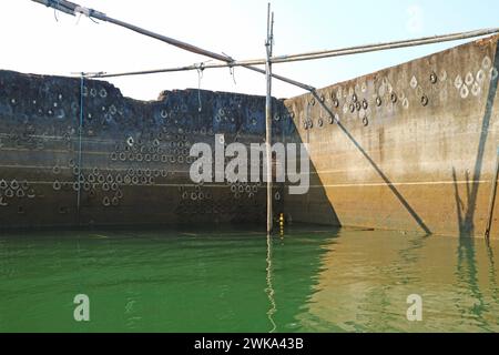 Unzählige Buddha-Bilderrahmen auf der Innenwand der ehemaligen Ruinen des Wat Wang Wirekaram Tempels, Teil der erstaunlichen Unterwasserstadt in Sangkhlaburi, Kanc Stockfoto