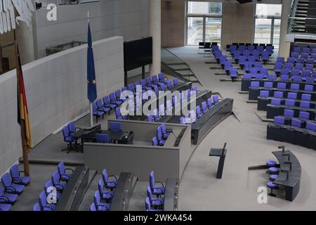 Leerer Plenarsaal im deutschen Bundestag, Berlin, 19.02.2024. Berlin Deutschland *** leerer Plenarsaal im Deutschen Bundestag, Berlin, 19 02 2024 Stockfoto