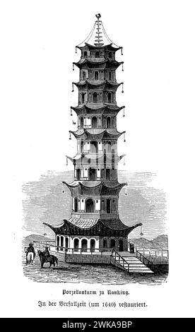 Der Porzellanturm von Nanjing, der um 1640 restauriert wurde, war ein architektonisches Wunderwerk seiner Zeit, mit einer Höhe von etwa 79 Metern. Es wurde mit weißen Porzellanziegeln gebaut, die in der Sonne glitzerten, mit Steinschnitzereien, glasierten Fliesen und Inschriften verziert. Der Turm diente sowohl als buddhistischer Tempel als auch als Leuchtfeuer, mit Lampen, die ihn nachts erleuchteten und einen herrlichen Anblick schafften. Leider wurde es während des Taiping-Aufstandes im 19. Jahrhundert zerstört, bleibt aber ein wichtiges Symbol für Nanjings historisches und kulturelles Erbe Stockfoto