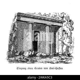 Der Eingang zu einem Grab in Beni Hassan weist typischerweise einen geschnitzten oder geschnittenen Eingang auf, der in eine Grabkammer oder eine Reihe von Kammern führt. Diese Gräber sind bekannt für ihre Wandkunst, die Darstellungen des täglichen Lebens, Sportereignisse, religiöse Rituale und mythologische Szenen enthält, die unschätzbare Einblicke in die altägyptische Gesellschaft und Praktiken bieten. Stockfoto