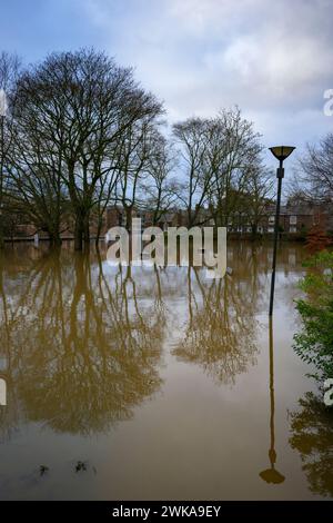 River Ouse platzte seine Ufer und überschwemmte nach starkem Regen (Flussufer unter Hochwasser getaucht, Park überschwemmt) - York, North Yorkshire, England, Großbritannien. Stockfoto