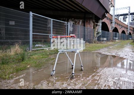 Der Einkaufswagen ist an einem ungeeigneten Ort abgelegt, schlammiger und nasser Fußweg Stockfoto