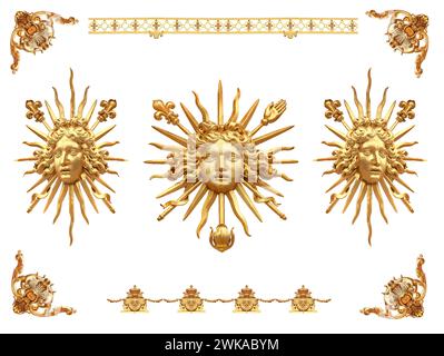 Goldene Sonne isoliertes Detail des goldenen Zauns des Schlosses Versailles. Frankreich Stockfoto