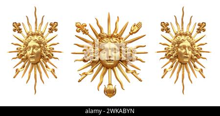 Goldene Sonne isoliertes Detail des goldenen Zauns des Schlosses Versailles. Frankreich Stockfoto