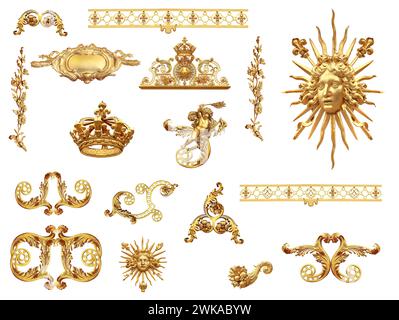 Goldenes, isoliertes Detail des Zauns von Schloss Versailles. Frankreich Stockfoto