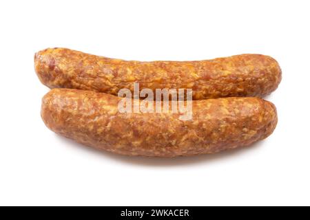 Geräucherte Würstchen, Nahaufnahme, isoliert auf weißem Hintergrund Stockfoto