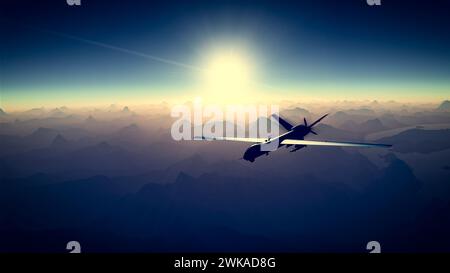 Blick auf Land, Kriegsoperationen, Sci-fi, Nachtsicht in Blautönen. Militärisches Ziel. Drohne fliegt über ein Gebiet. Militäroperation. Undercover-Betrieb Stockfoto