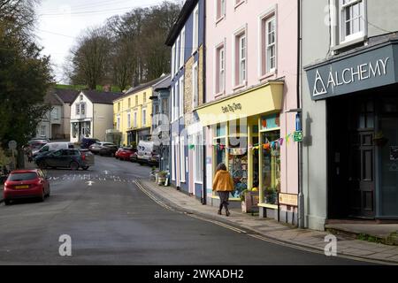 Blick auf eine Frau, die entlang der Straße an einer Reihe von Geschäften in der Stadt Llandeilo Carmarthenshire Wales, Großbritannien KATHY DEWITT, vorbeiläuft Stockfoto