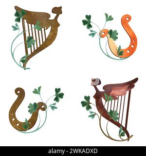 Satz von Illustrationen für St.. Patrick's Day. Kompositionen für Postkarten und irische Weihnachtsdekorationen. Isolierte Aquarellillustration auf weiß Stockfoto