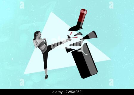 Collage Bild Artwork der sportlichen starken Frau Kick brechen Glas Wein Flasche ablehnen ungesundes Leben isoliert auf Zeichnung Hintergrund Stockfoto