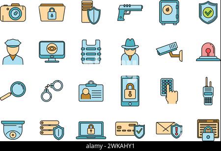 Scan-Symbole des Sicherheitsdienstes festgelegt. Kontur Gruppe von Scan-Vektorsymbolen des Sicherheitsdienstes dünne Linie Farbe flach auf weiß Stock Vektor