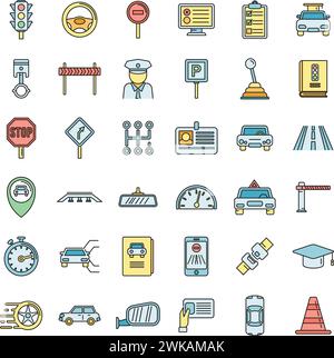 Automatische Fahrschule Symbole eingestellt. Kontursatz von Vektorsymbolen für Auto-Fahrschule dünne Linie flach auf weiß Stock Vektor