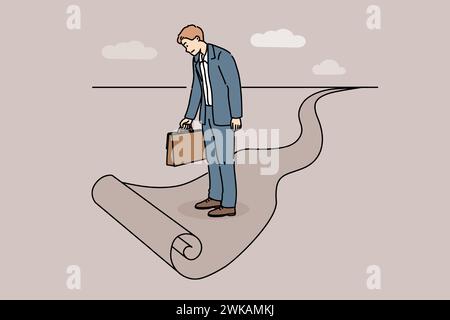 Geschäftsmann steht am Ende des Weges, als Metapher für Einschränkungen im Karrierewachstum und Sackgasse in der beruflichen Entwicklung. Geschäftsmann ist verwirrt, was den Weg zum Ende des Weges angeht, und braucht Karriereberatung Stock Vektor