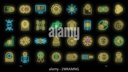 Token Coins Symbole gesetzt. Kontur Satz von Token Münzen Vektorsymbole Neonfarbe auf Schwarz Stock Vektor