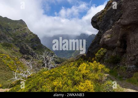 Europa Portugal Madeira Süden Jardim da Serra Insel Gebirge: Blick in das Tal mit der Ortschaft Curral das Freiras vom Wanderweg im Süden der Insel de Stockfoto