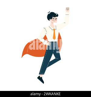 Corporate HERO Concept. Selbstbewusster Geschäftsmann im superheldencape posiert mit erhobener Faust. Führung, Erfolg und Schutz. Illustration des flachen Vektors Stock Vektor