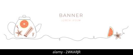 Linearer heißer, würziger Tee im Topf-Vektor-Banner. Poster mit einfachen Zeilenelementen für Menü. Stock Vektor