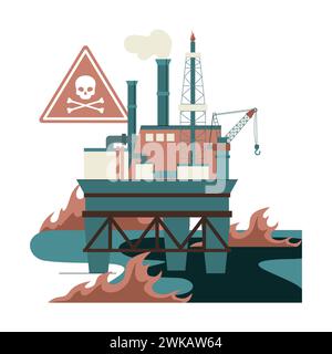 Umweltgefährdung durch ausgelaufenes Öl. Die Gewinnung fossiler Ressourcen und ihre Auswirkungen auf den Klimawandel und die Meeresökosysteme. Offshore-Ölplattform mit giftigen Gefahren. Illustration des flachen Vektors Stock Vektor