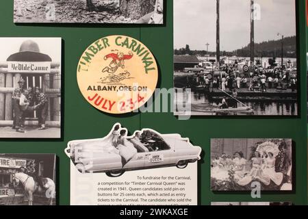 Ausstellung zur Geschichte des Timber Carnival, Albany Regional Museum, Albany, Oregon Stockfoto