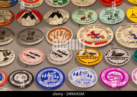 Ausstellung zur Geschichte des Timber Carnival, Albany Regional Museum, Albany, Oregon Stockfoto