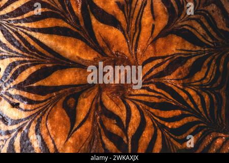 Zebrakuchen Blumenmuster mit Schokoladenstreifen, horizontaler Hintergrund. Stockfoto