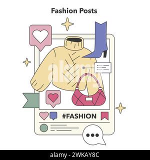 Modepost-Konzept. Stylische Outfit-Ideen und die neuesten Trends werden online vorgestellt. Sartorial Eleganz, Accessoires, Inspirationen für die Garderobe. Illustration des flachen Vektors Stock Vektor