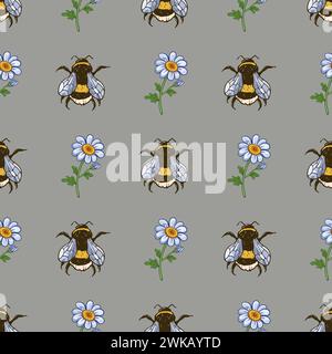 Nahtloses quadratisches Muster mit Bienen und Gänseblümchen. Stock Vektor