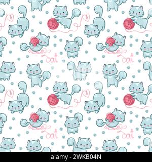 Nahtloses Muster mit einem süßen Kätzchen und einem Knäuel Garn. Stock Vektor